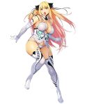  1girl artist_request blonde_hair boots breasts detached_sleeves garter_straps hair_ribbon large_breasts long_hair official_art open_clothes panties red_eyes ribbon shatte_judevesten solo super_robot_wars super_robot_wars_x-omega thigh-highs thigh_boots underwear white_legwear white_panties 