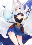  1girl animal_ears annojou_haruto azur_lane blue_eyes breasts cleavage collarbone commentary_request eyeshadow fox_ears fox_tail highres japanese_clothes kaga_(azur_lane) looking_at_viewer makeup multiple_tails pleated_skirt short_hair sketch skirt smile solo tail twitter_username white_hair 