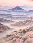  akashi_kaikyou calligraphy_brush_(medium) cherry_blossoms clouds commentary_request day fog forest highres mount_fuji mountain nature no_humans outdoors scenery spring_(season) traditional_media tree valley 