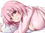  1girl :d alternate_costume bangs blush breasts cleavage eyebrows_visible_through_hair hug large_breasts long_hair long_sleeves looking_at_viewer lying nori_tamago object_hug on_stomach open_mouth pajamas pillow pillow_hug pink_hair red_eyes saigyouji_yuyuko shiny shiny_hair simple_background smile solo tareme touhou upper_body white_background 
