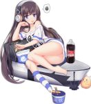  1girl aircraft airplane aixioo ass azur_lane barefoot between_toes bird black_hair blue_eyes breasts chick cleavage clothes_writing cola eating feet headphones holding long_hair long_island_(azur_lane) lying machinery no_shoes off-shoulder_shirt official_art shirt simple_background single_sock socks soda_bottle t-shirt toes translation_request transparent_background you_work_you_lose 