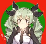  1girl anchovy bangs black_bow black_jacket black_neckwear blush bow breast_pocket breasts brown_eyes closed_mouth collared_shirt commentary drill_hair eyebrows_visible_through_hair girls_und_panzer grey_hair hair_bow jacket jacket_on_shoulders large_breasts long_hair long_sleeves looking_at_viewer necktie pocket sanpaku shirt solo sweatdrop tilt-shift twin_drills twitter_username two-tone_background white_shirt 
