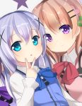 &gt;:) 3girls :o bangs blue_eyes blue_neckwear blush breasts buttons chestnut_mouth closed_mouth collared_shirt commentary_request eyebrows_visible_through_hair flat_chest gochuumon_wa_usagi_desu_ka? hair_between_eyes hair_ornament hairclip hoto_cocoa kafuu_chino lavender_hair long_hair long_sleeves looking_at_viewer multiple_girls open_mouth orange_hair out_of_frame purple_neckwear purple_vest rabbit_house_uniform red_neckwear sakura_choko shirt sidelocks small_breasts smile star tedeza_rize upper_body v vest violet_eyes white_background white_shirt wing_collar x_hair_ornament 