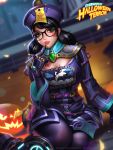  1girl alternate_costume black_hair blood blush_stickers chinese_clothes fangs finger_to_mouth glasses jack-o&#039;-lantern jiangshi jiangshi_mei liang_xing looking_at_viewer low_twintails mei_(overwatch) ofuda overwatch parted_lips pumpkin sitting solo twintails 