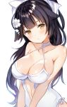  1girl azur_lane bad_revision bangs black_hair blunt_bangs blush bow breasts brown_eyes cleavage closed_mouth collarbone criss-cross_halter downscaled_revision eyebrows_visible_through_hair flower frown hair_bow hair_flaps hair_flower hair_ornament halterneck large_breasts light_frown long_hair looking_at_viewer narusegawa_riko navel navel_cutout one-piece_swimsuit ponytail sidelocks simple_background skindentation solo swimsuit takao_(azur_lane) tsurime upper_body v_arms white_background white_bow white_flower 