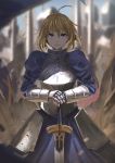  1girl absurdres ahoge armor armored_dress army artoria_pendragon_(all) bangs blonde_hair blue_eyes blurry blurry_background breastplate closed_mouth cowboy_shot depth_of_field excalibur eyebrows_visible_through_hair faiz_azhar fate/stay_night fate_(series) faulds full_armor gauntlets hair_between_eyes hands_on_hilt helmet highres holding holding_sword holding_weapon juliet_sleeves long_sleeves looking_at_viewer puffy_sleeves saber soldier solo_focus sword weapon 