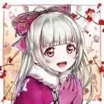  1girl bow brown_eyes catbell gloves hair_bow long_hair open_mouth smile solo white_hair 