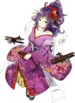  1girl ahoge aircraft alternate_costume alternate_hairstyle azur_lane b1m breasts brown_eyes chocolate chocolate_heart cleavage flower hagoromo hair_flower hair_ornament heart houshou_(azur_lane) japanese_clothes kimono large_breasts off_shoulder official_art purple_hair shawl simple_background sky_(freedom) smile socks solo transparent_background 