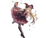  1girl bangs blonde_hair boots dress frills full_body granblue_fantasy holding knee_boots long_hair minaba_hideo official_art oil_lamp one_leg_raised open_mouth petals pointy_ears puffy_short_sleeves puffy_sleeves red_eyes shadowverse shingeki_no_bahamut short_dress short_sleeves smile solo striped striped_legwear transparent_background vampy 