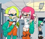  1boy 2girls blue_eyes blush breasts changing_room cleavage crossed_arms domino_mask glasses gloves green_hair indoors inkling long_sleeves looking_at_another mask multiple_girls open_mouth orange_eyes overalls pani_spla panties pink_hair pink_panties salmon_run short_sleeves shorts smile splatoon splatoon_2 sweatdrop underwear undressing 