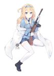  1girl blonde_hair blue_eyes girls_frontline gun headband holding holding_gun holding_weapon jacket looking_at_viewer military military_uniform revision silltare sitting solo submachine_gun suomi_kp/-31 suomi_kp31_(girls_frontline) thigh-highs uniform weapon 