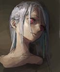  1girl bangs brown_background close-up expressionless grey_hair head_tilt highres long_hair looking_to_the_side original portrait red_eyes sketch solo treeware 