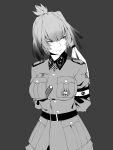  1girl alternate_costume armband arms_behind_back belt bonkiru breasts commentary commentary_request greyscale highres japari_symbol kemono_friends looking_to_the_side lucky_beast_(kemono_friends) monochrome shoebill_(kemono_friends) side_ponytail ss_insignia ss_uniform uniform 