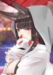  1girl akagi_(azur_lane) animal_ears azur_lane bangs black_hair blunt_bangs blush breasts closed_mouth day eyebrows_visible_through_hair fox_ears fox_mask fox_tail from_side hand_up hood hood_up large_breasts long_hair looking_at_viewer mask multiple_tails nail_polish nuko_(mikupantu) oriental_umbrella outdoors rain red_eyes red_nails smile solo straight_hair tail tsurime umbrella upper_body 