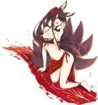  1girl akagi_(azur_lane) animal_ears artist_request azur_lane bare_shoulders bikini black_hair breasts cleavage collarbone commentary_request eyeshadow flight_deck fox_ears fox_tail large_breasts looking_at_viewer makeup multiple_tails official_art ponytail red_eyes scrunchie simple_background solo swimsuit tail transparent_background 