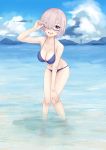  1girl absurdres adjusting_eyewear ashiya_hiro bikini blue_bikini breasts cleavage clouds fate/grand_order fate_(series) hair_over_one_eye highres horizon in_water large_breasts lavender_eyes lavender_hair leaning_forward ocean shielder_(fate/grand_order) solo swimsuit wading 