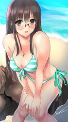  1girl :d aqua_bikini beach bikini black_eyes black_hair breasts cleavage day glasses hands_on_own_knees highres large_breasts leaning_forward looking_at_viewer miracle_hoshi morikawa_mio navel open_mouth original outdoors side-tie_bikini smile solo standing striped striped_bikini swimsuit 