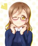  1girl ;) blonde_hair blue_shirt blush brown_hair ckst collared_shirt commentary_request drop_shadow glasses hands_on_own_chin hands_up heart highres kunikida_hanamaru long_hair long_sleeves looking_at_viewer love_live! love_live!_sunshine!! one_eye_closed polka_dot polka_dot_background shirt smile solo under-rim_eyewear upper_body 