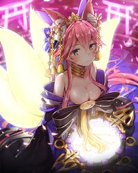  1girl animal_ears bare_shoulders bell bow breasts cleavage fate/grand_order fate_(series) fox_ears fox_tail hair_bow hair_ribbon highres japanese_clothes long_hair mirror multiple_tails open_mouth pink_hair pot-palm ribbon solo suiten_nikkou_amaterasu_yanoshisu_ishi sweat tail tamamo_(fate)_(all) tamamo_no_mae_(fate) tears twintails very_long_hair yellow_eyes 