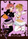 2girls angel_wings ankle_strap bat black_legwear black_outline blush brown_hair capelet commentary_request demon_tail detached_sleeves dress drill_hair frilled_sleeves frills ghost hair_ornament hairband halloween halloween_costume hand_holding happy_halloween head_wings high_heels izumi_kirifu jack-o&#039;-lantern koizumi_hanayo looking_at_another love_live! love_live!_school_idol_project multiple_girls nishikino_maki open_mouth purple_background purple_footwear redhead smile star star_hair_ornament tail thigh-highs violet_eyes white_footwear white_legwear wings 