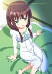  1girl :o arm_support bangs barefoot blunt_bangs blush breasts brown_hair collarbone commentary_request dress foreshortening from_above futon gochuumon_wa_usagi_desu_ka? green_eyes hair_tie indoors long_hair long_sleeves looking_at_viewer low_twintails lowres mutou_riu nightgown open_mouth sitting sleepwear small_breasts solo tatami twintails ujimatsu_chiya white_dress 
