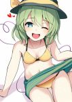  1girl amisu aqua_eyes bare_shoulders bikini black_hat bow breasts green_hair green_skirt hat hat_bow heart komeiji_koishi looking_at_viewer one_eye_closed open_mouth simple_background skirt small_breasts smile solo swimsuit touhou white_background yellow_bikini yellow_bow 