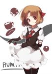  1girl absurdres adapted_costume arm_behind_back blonde_hair cake character_name cup elbow_gloves food gloves hair_ribbon highres neetsr puffy_short_sleeves puffy_sleeves red_eyes ribbon rumia shirt short_hair short_sleeves skirt smile thigh-highs touhou vest zettai_ryouiki 