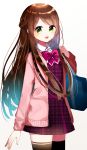  1girl :d arm_at_side bag bow braid brown_hair green_eyes handbag highres long_hair looking_at_viewer mosu2 open_mouth original pink_bow pink_jacket plaid school_uniform smile standing striped striped_bow thigh-highs unmoving_pattern very_long_hair 