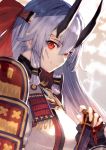  1girl armor breasts commentary_request fate/grand_order fate_(series) fingerless_gloves gloves hand_on_hilt headband japanese_armor katana long_hair looking_at_viewer medium_breasts oni_horns red_eyes shirabi silver_hair sketch smile sode solo sword tomoe_gozen_(fate/grand_order) upper_body weapon 