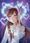  1girl :3 bangs breasts brown_hair casual character_name collarbone d.va_(overwatch) eyebrows_visible_through_hair eyelashes eyeliner facepaint facial_mark fingernails ginger_cat_(ginger_z) hand_on_headphones headphones heart highres light_smile long_fingernails long_hair long_sleeves looking_at_viewer makeup nail_polish off_shoulder overwatch pink_eyes pink_lips pink_nails pink_pupils pixel_heart purple_background small_breasts solo swept_bangs upper_body whisker_markings 