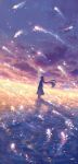  1girl blue_sky capelet clouds cloudy_sky commentary_request day dress fantasy from_side highres in_water light_particles long_hair ocean original profile sakimori_(hououbds) scenery sky solo sunlight sunset very_long_hair wading water water_surface 