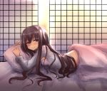  1girl alternate_costume amagi_(amagi626) bed bed_sheet blush breasts commentary_request futon highres houraisan_kaguya long_hair long_sleeves looking_at_viewer lying on_bed on_stomach pajamas pillow smile solo touhou underwear 