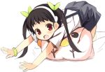  1girl :d backpack backpack_removed bag bakemonogatari bangs black_hair blue_skirt blush eyebrows_visible_through_hair fang hachikuji_mayoi hair_ornament hairband kneehighs kurasuke long_hair looking_at_viewer lying monogatari_(series) on_stomach open_mouth outstretched_arms red_eyes shirt short_sleeves simple_background sketch skirt smile solo suspender_skirt suspenders twintails white_background white_hairband white_legwear white_shirt 