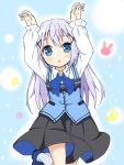  1girl :o akarunto_kenkou_shimashita arms_up bangs black_skirt blue_background blue_eyes blue_footwear blue_neckwear blue_vest blush bow bowtie bunny_pose buttons collared_shirt comic commentary_request crescent eyebrows_visible_through_hair flat_chest flower gochuumon_wa_usagi_desu_ka? hair_ornament hairclip kafuu_chino kneehighs lavender_hair loafers long_hair long_sleeves looking_at_viewer open_mouth outline rabbit_house_uniform shirt shoes sidelocks skirt solo sparkle standing standing_on_one_leg star vest white_legwear white_outline white_shirt wing_collar x_hair_ornament 