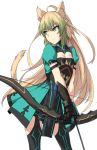  1girl ahoge animal_ears archer_of_red arrow bangs black_gloves black_legwear blonde_hair bow_(weapon) braid breasts cat_ears cat_tail closed_mouth cowboy_shot eyebrows_visible_through_hair fate/apocrypha fate_(series) gloves green_eyes green_hair hair_between_eyes half_updo legs_apart long_hair multicolored_hair puffy_short_sleeves puffy_sleeves shiseki_hirame short_sleeves simple_background small_breasts solo tail tsurime two-tone_hair weapon white_background 