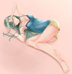  1girl barefoot blush breasts cleavage green_eyes green_hair hand_in_hair irohakaede kantai_collection large_breasts long_hair lying on_side smile solo suzuya_(kantai_collection) 