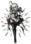  1girl apron arm_behind_head black_bow black_footwear black_legwear bow braid cosplay facing_viewer full_body gloves hair_bow izayoi_sakuya kataru_(ubw-emiya) knife maid_headdress nier_(series) nier_automata shoes silver_hair simple_background solo tassel thigh-highs touhou twin_braids waist_apron white_background white_gloves yorha_no._2_type_b yorha_no._2_type_b_(cosplay) 