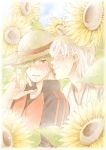  blush cheek_kiss couple field flower flower_field green_eyes green_hair hair_over_one_eye hat jacket kiss male_focus sun_hat sunflower sweat tasuki touken_ranbu track_jacket tsurumaru_kuninaga uguisumaru upper_body white_hair yaoi 