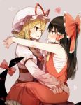  2girls ascot bangs black_eyes black_hair blonde_hair blush bow closed_mouth eye_contact eyebrows_visible_through_hair finger_to_another&#039;s_mouth from_side gap grey_background hair_bow hair_tubes hakurei_reimu hat hat_ribbon heart hug juliet_sleeves long_hair long_sleeves looking_at_another mob_cap multiple_girls nose_blush open_mouth puffy_sleeves red_bow red_ribbon ribbon sarashi shinoba sidelocks simple_background sitting sitting_on_lap sitting_on_person sleeveless smile squiggle tabard touhou white_hat yakumo_yukari yellow_eyes 