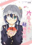  1girl bangs blue_eyes blue_hair blue_jacket blush bridal_veil buttons chuunibyou_demo_koi_ga_shitai! collared_shirt commentary_request cover cover_page doujin_cover eyepatch hair_between_eyes jacket long_sleeves looking_at_viewer macchaume medical_eyepatch neck_ribbon one_eye_covered one_side_up parted_lips petals red_ribbon ribbon school_uniform shirt short_hair solo takanashi_rikka veil white_shirt 
