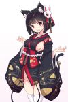  1girl animal_ears azur_lane bangs bell black_hair black_kimono blunt_bangs breasts cat_ears cat_tail cowboy_shot fang hands_up highres japanese_clothes jingle_bell kimono looking_at_viewer medium_breasts mel_(melty_pot) open_mouth panties red_eyes short_hair short_kimono side-tie_panties sideboob simple_background smile solo standing tail tail_bell thigh-highs underwear white_background white_legwear white_panties wide_sleeves yamashiro_(azur_lane) 