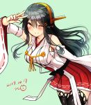  1girl artist_name bare_shoulders black_hair black_legwear brown_eyes dated detached_sleeves green_background hair_between_eyes hairband haruna_(kantai_collection) headgear heart japanese_clothes kantai_collection long_hair nontraditional_miko one_eye_closed pleated_skirt red_skirt ribbon-trimmed_sleeves ribbon_trim skirt smile solo thigh-highs tsukui_kachou v wide_sleeves 