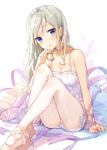  1girl :o bare_shoulders blonde_hair blue_eyes blush collarbone fuumi_(radial_engine) holding looking_at_viewer open_mouth original pantyhose pink_footwear simple_background sitting sleeveless solo white_background white_legwear 