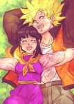  1boy 1girl arms_behind_head belt black_hair blonde_hair chi-chi_(dragon_ball) chinese_clothes closed_eyes couple dragon_ball dragonball_z grass happy jacket lying miiko_(drops7) open_mouth outstretched_arms pants shirt smile son_gokuu super_saiyan white_shirt 