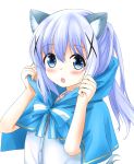  1girl :o adjusting_clothes animal_ears bangs blue_bow blue_capelet blue_eyes blush bow buttons capelet commentary_request eyebrows_visible_through_hair fang gochuumon_wa_usagi_desu_ka? hagakuri hair_between_eyes hair_ornament hairclip highres hooded_capelet kafuu_chino kemonomimi_mode light_blue_hair long_hair looking_at_viewer open_mouth ponytail shirt sidelocks simple_background solo striped striped_bow upper_body white_background white_shirt wolf_ears x_hair_ornament 