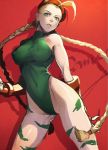  1girl amg_(nwmnmllf) bare_shoulders blonde_hair braid breasts cammy_white covered_navel cowboy_shot erect_nipples fingerless_gloves gloves gluteal_fold green_eyes green_leotard hat large_breasts legs_apart leotard lips long_hair looking_at_viewer orange_gloves parted_lips red_background red_hat scar scar_on_cheek solo standing street_fighter street_fighter_ii_(series) twin_braids very_long_hair 