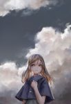  1girl absurdres blonde_hair blue_sky capelet closed_mouth clouds cloudy_sky day dress grey_eyes hand_on_own_chest highres long_hair looking_at_viewer outdoors short_sleeves sky smile solo standing treeware upper_body 