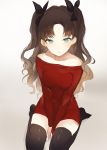  1girl bangs between_legs black_legwear blue_eyes bow brown_hair dress fate_(series) gradient gradient_background hair_bow hand_between_legs long_hair long_sleeves looking_at_viewer lpip off-shoulder_dress off_shoulder parted_bangs parted_lips red_dress short_dress simple_background sitting solo thigh-highs tohsaka_rin two_side_up wariza zettai_ryouiki 