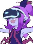  1girl :d black_sclera blush demon_girl fangs hair_ornament konarofu looking_at_viewer musume open_mouth outstretched_arms purple_hair purple_skin ribbon smile spread_arms v_yuusha_no_kuse_ni_namaiki_da_r virtual_reality 