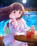  1girl arm_support bikini blush breasts brown_eyes brown_hair cleavage food full_moon ice_cream idolmaster idolmaster_million_live! lens_flare long_hair looking_at_viewer medium_breasts moon narumi_nanami pool shirt smile solo sundae swimsuit swimsuit_under_clothes tanaka_kotoha white_background white_bikini white_shirt wind 